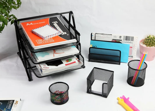 Office Stationery Desk Organizer Metal Mash Set Of 5